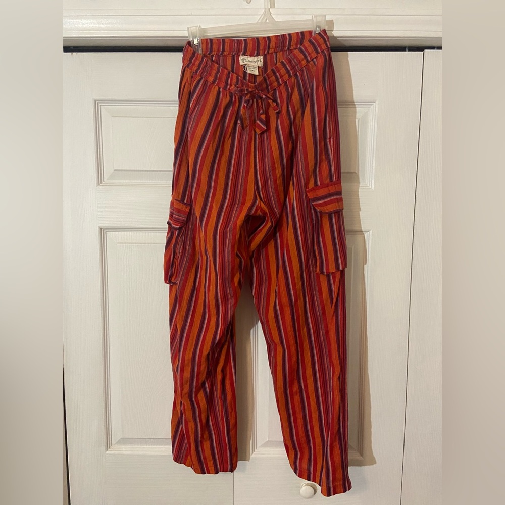 LEXI HIDALGO THE LITTLE BAZAAR Red Boho Striped Cotton Trousers with Pockets